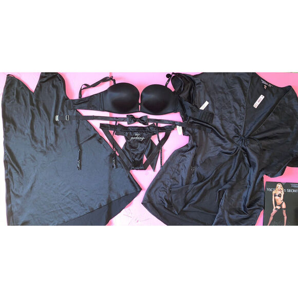Victoria's Secret 34C BOMBSHELL BRA SET+garter+SLIP+ROBE SATIN BLACK BOW cutout